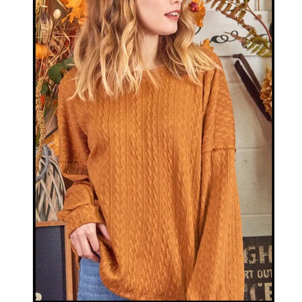 New P.S. Kate Textured Sweater Knit Top Long Sleeve Stretch Brown Size 2X
